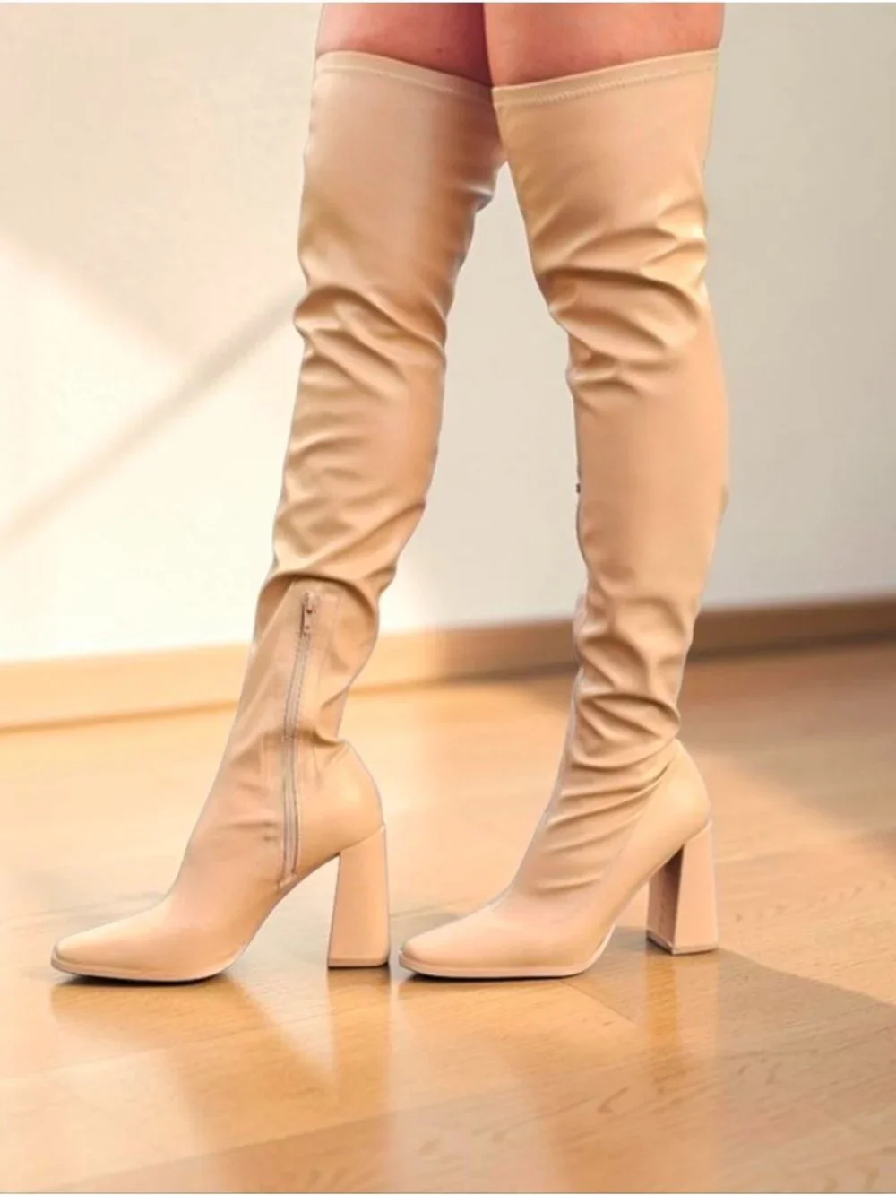 Over-The-Knee Block Heel Boots In Nude With Side Zipper Closure And Soft Faux Le
